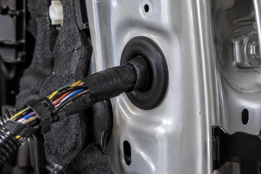 [application-automotive-wire-routing-real.png](D:\\Documents\\ChatGPT\\产品文案备用测试\\neoprene_images\\application-automotive-wire-routing-real.png)Neoprene rubber grommet protecting automotive wiring through a vehicle panel