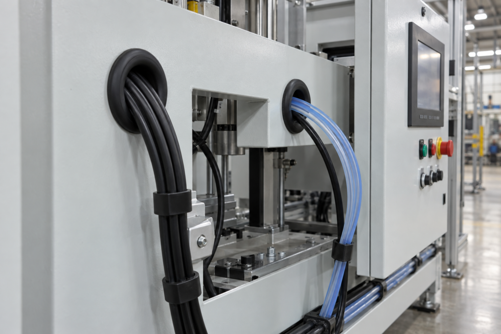 Neoprene rubber grommet protecting cables through an industrial machinery panel