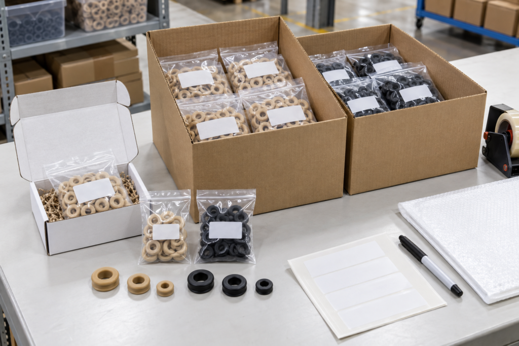 :Custom SBR rubber grommets separated by part number and packed for shipment