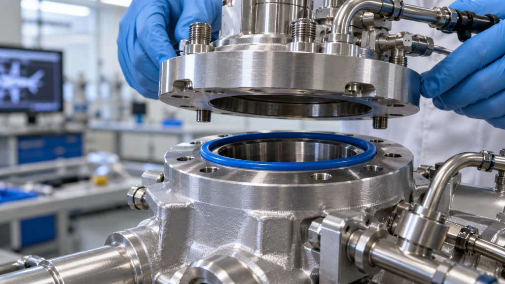 Fluorosilicone gasket sealing an aerospace fuel system component