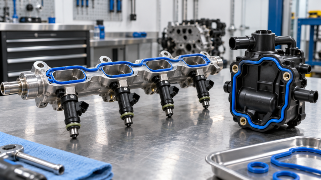 Fluorosilicone gasket used in an automotive fuel and emission system