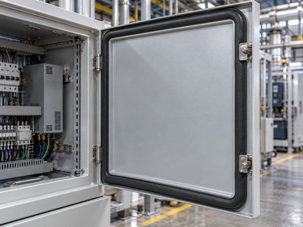 Neoprene gasket sealing an equipment panel and airtight access panel