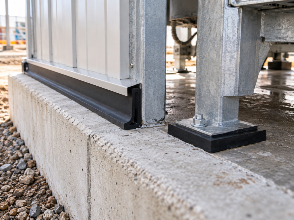 Neoprene sill and floor gasket sealing a building base connection